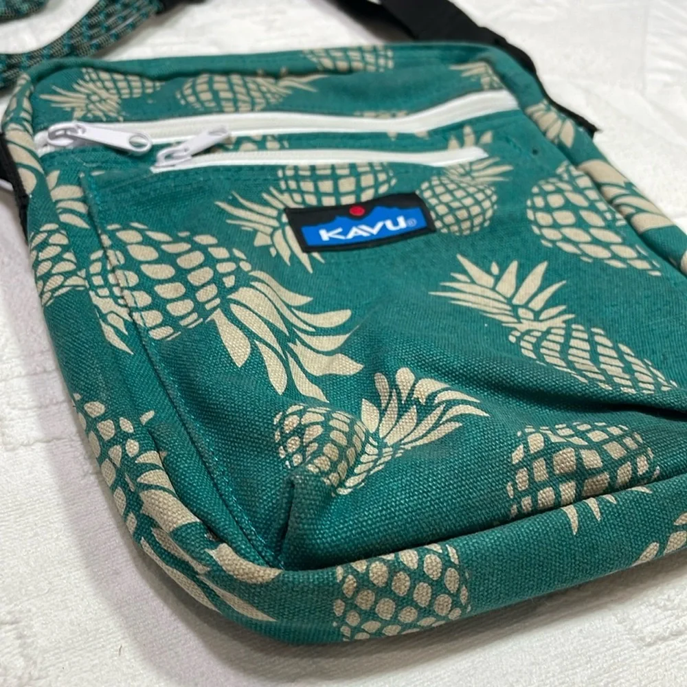 Kavu Keeper Crossbody Rope Bag Cotton Canvas Purse Pineapples Teal Blue & Gray - Picture 7 of 16